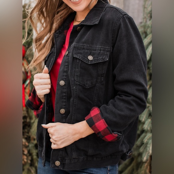 Thread & Supply Black Jean Jacket w/ Black Red Plaid Flannel Inner Lining Size S - Picture 3 of 15